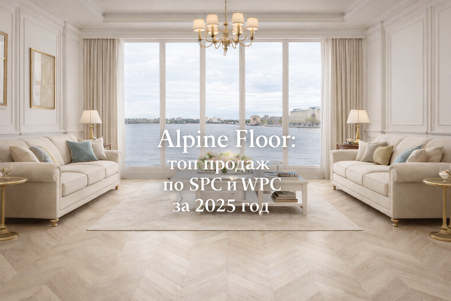 Неоклассический интерьер в Санкт-Петербурге с видом на воду: SPC ламинат Alpine Floor «Дуб Ваниль Селект» ECO 18-2 MC, укладка французская ёлочка (chevron); изображение для статьи «Alpine Floor — топ продаж SPC и WPC 2025».