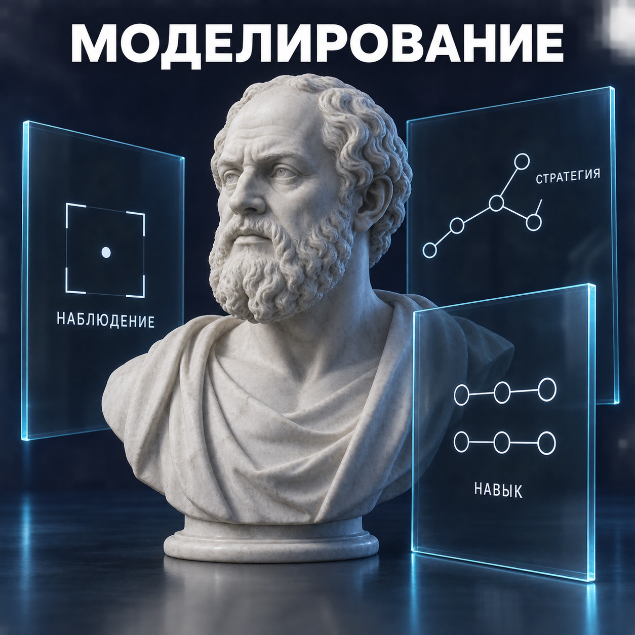 Моделирование: скульптурный бюст и схемы на прозрачном стекле
