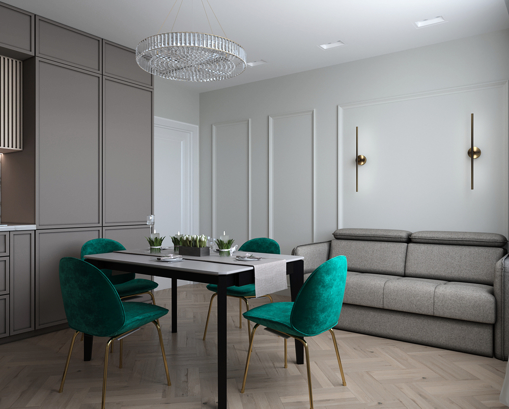 дизайн кухни-гостиной в стиле современная классика с молдингами, зелёными стульями, диваном