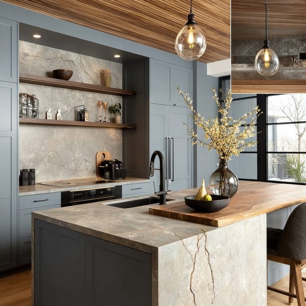 Современная кухня с природными материалами, деревом и камнем