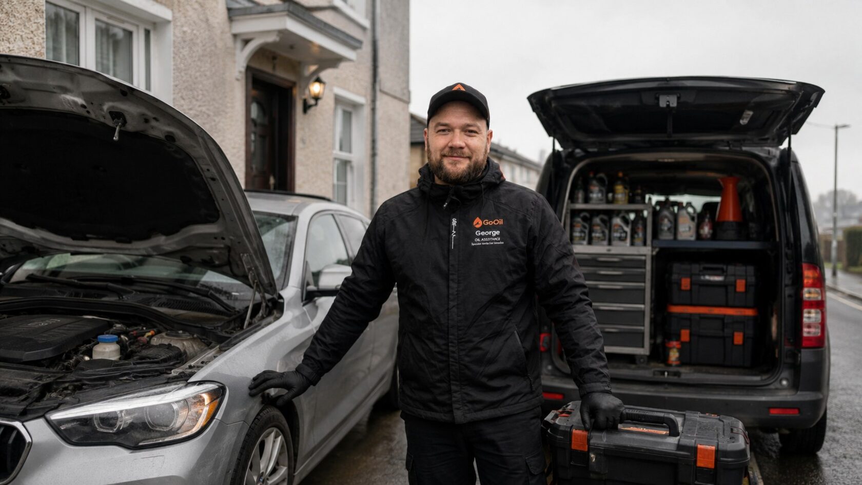 GoOil mobile mechanic with service van and car bonnet open in Limerick