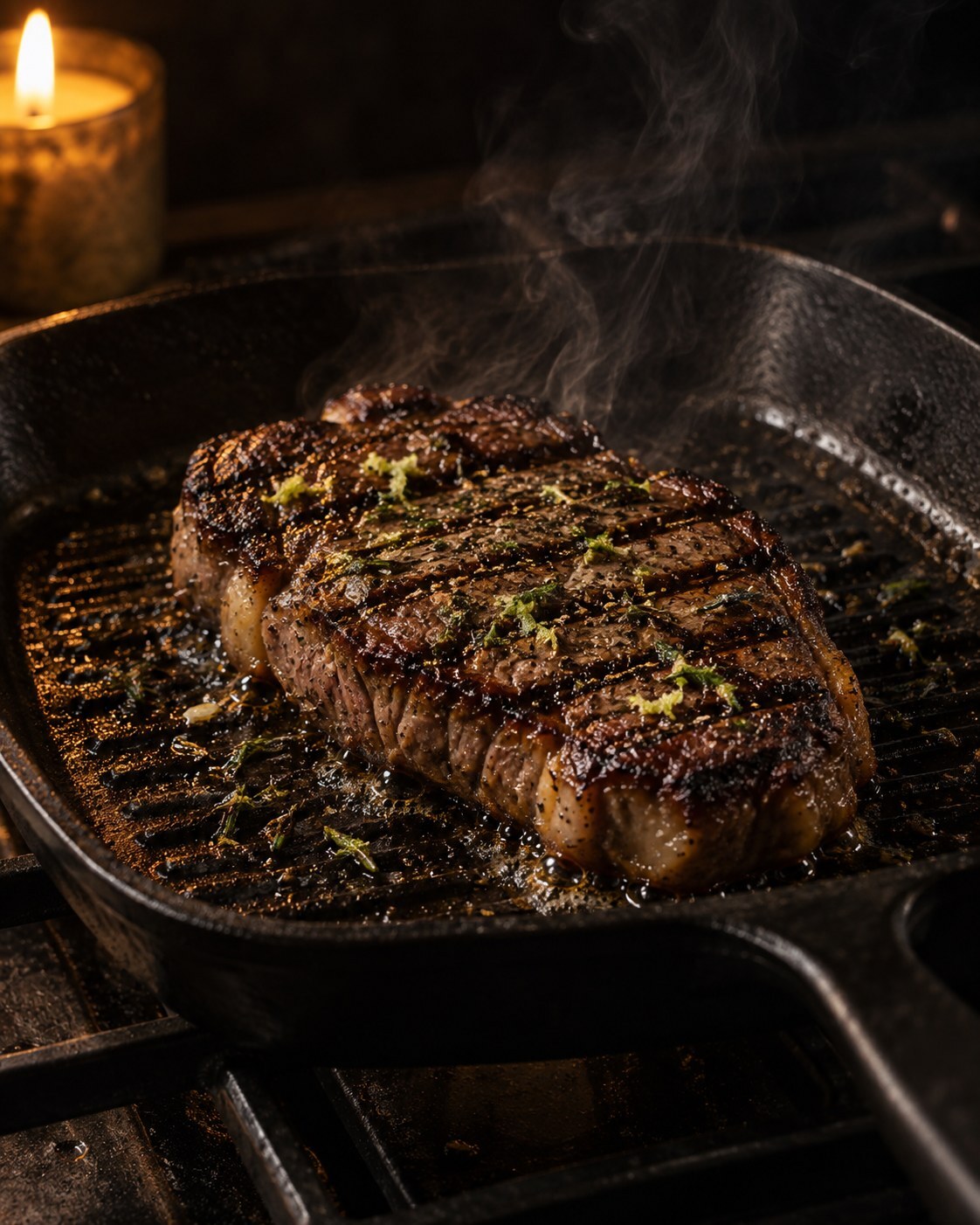 A steak searing in a cast-iron grill pan with a herb and lime zest rub, dark grill marks forming