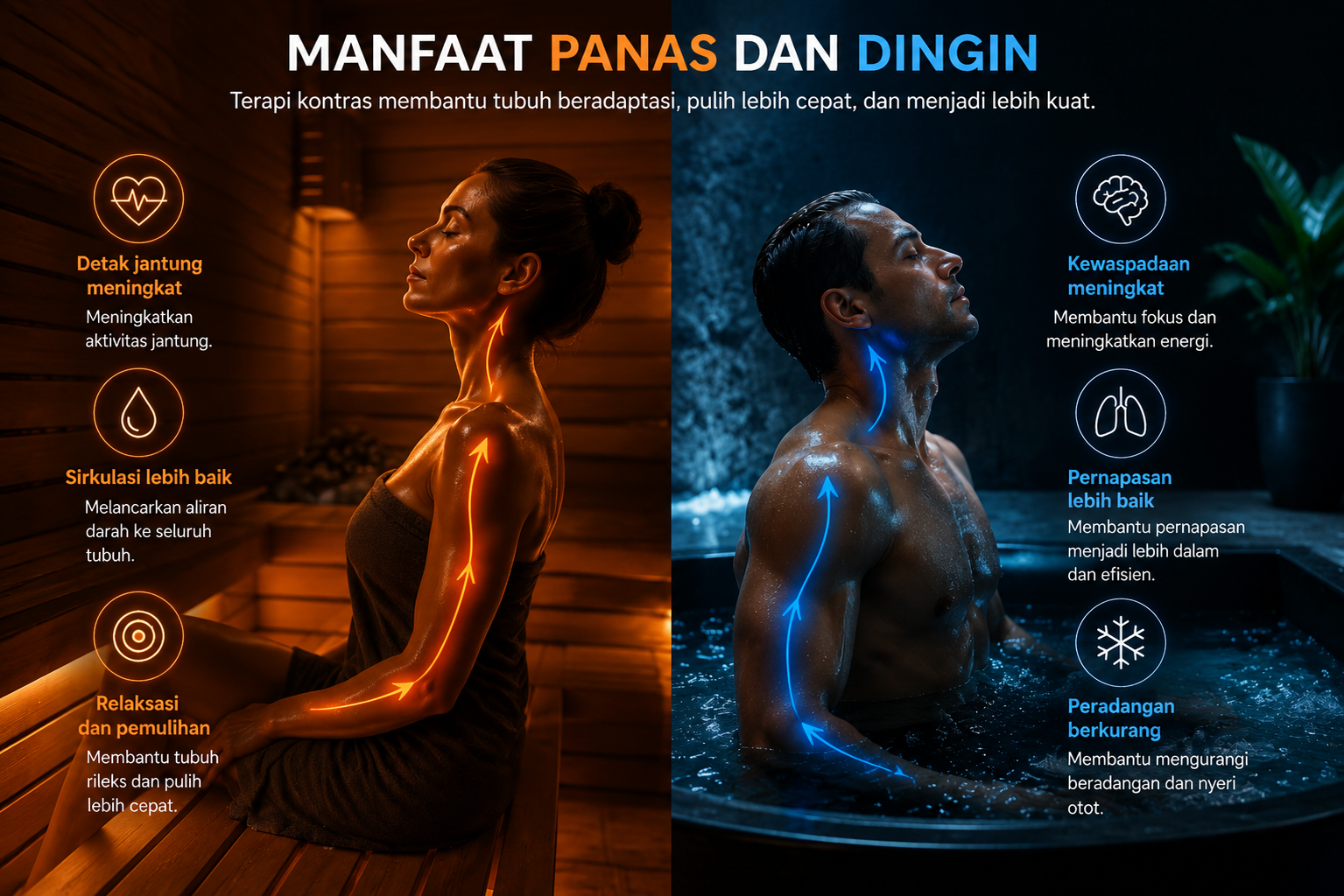 Infografis yang menunjukkan bagaimana panas sauna dan perendaman air dingin memengaruhi tubuh dengan cara melancarkan sirkulasi, mengaktifkan sistem saraf, meningkatkan kewaspadaan, serta mendukung pemulihan otot.