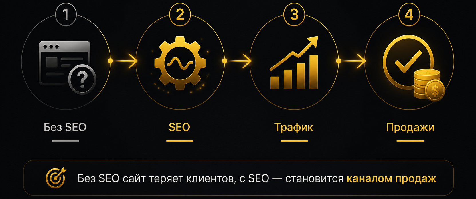 Инфографика: путь от сайта без SEO к стабильному потоку заявок — 4 этапа