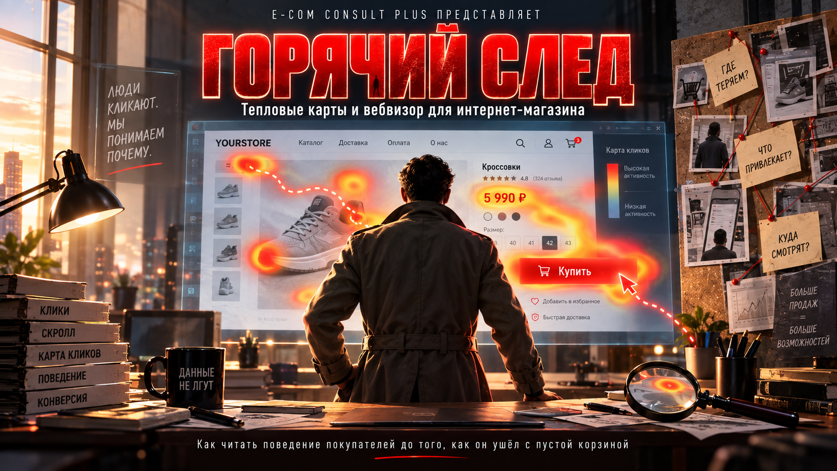 Обложка статьи в стиле киноафиши детективного триллера: заголовок Горячий след и подзаголовок Тепловые карты и вебвизор для интернет-магазина на тёмном фоне ночного офиса с видом на город за окном в центре — детектив в плаще спиной к зрителю перед светящи