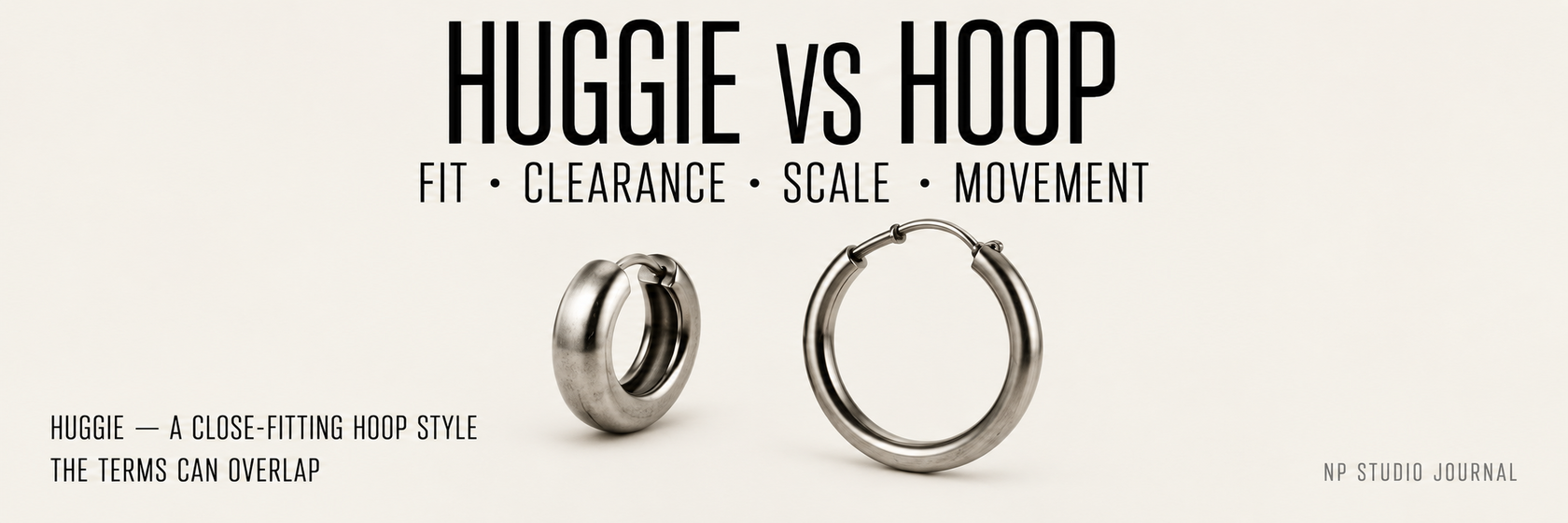 Huggie vs hoop comparison by fit, clearance, scale and movement, with huggie shown as a close-fitting hoop style