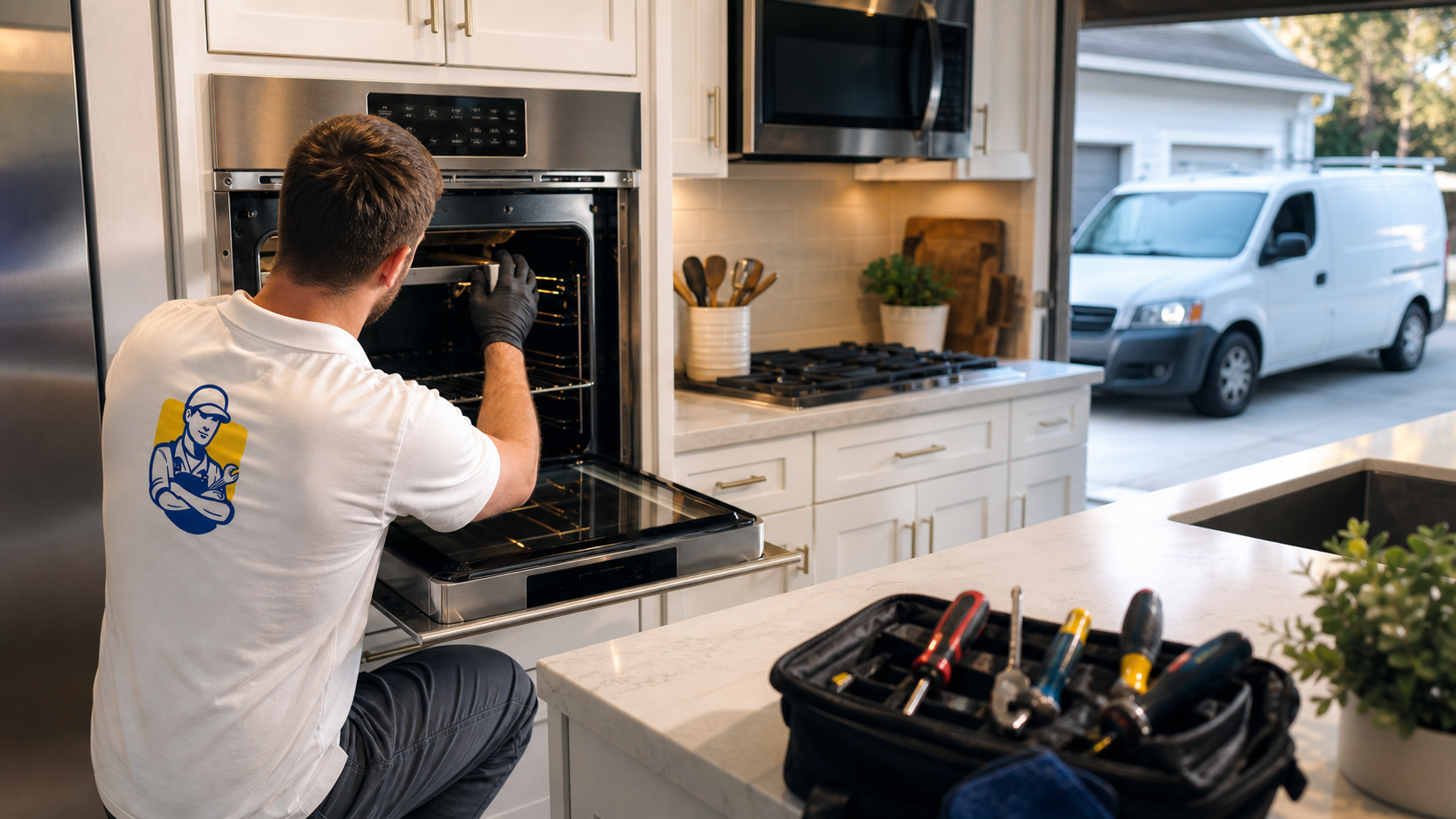 CLT FIXER appliance repair technician working in a customer’s kitchen