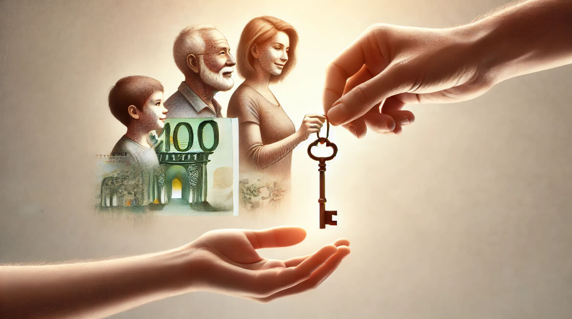 Денежная единица в 100 евро которая под семьей передающий наследство недвижимости через картинку ключа от дома из одной руки в другую, и в очереди стоят первый внук потом дедушка а во главе дочь