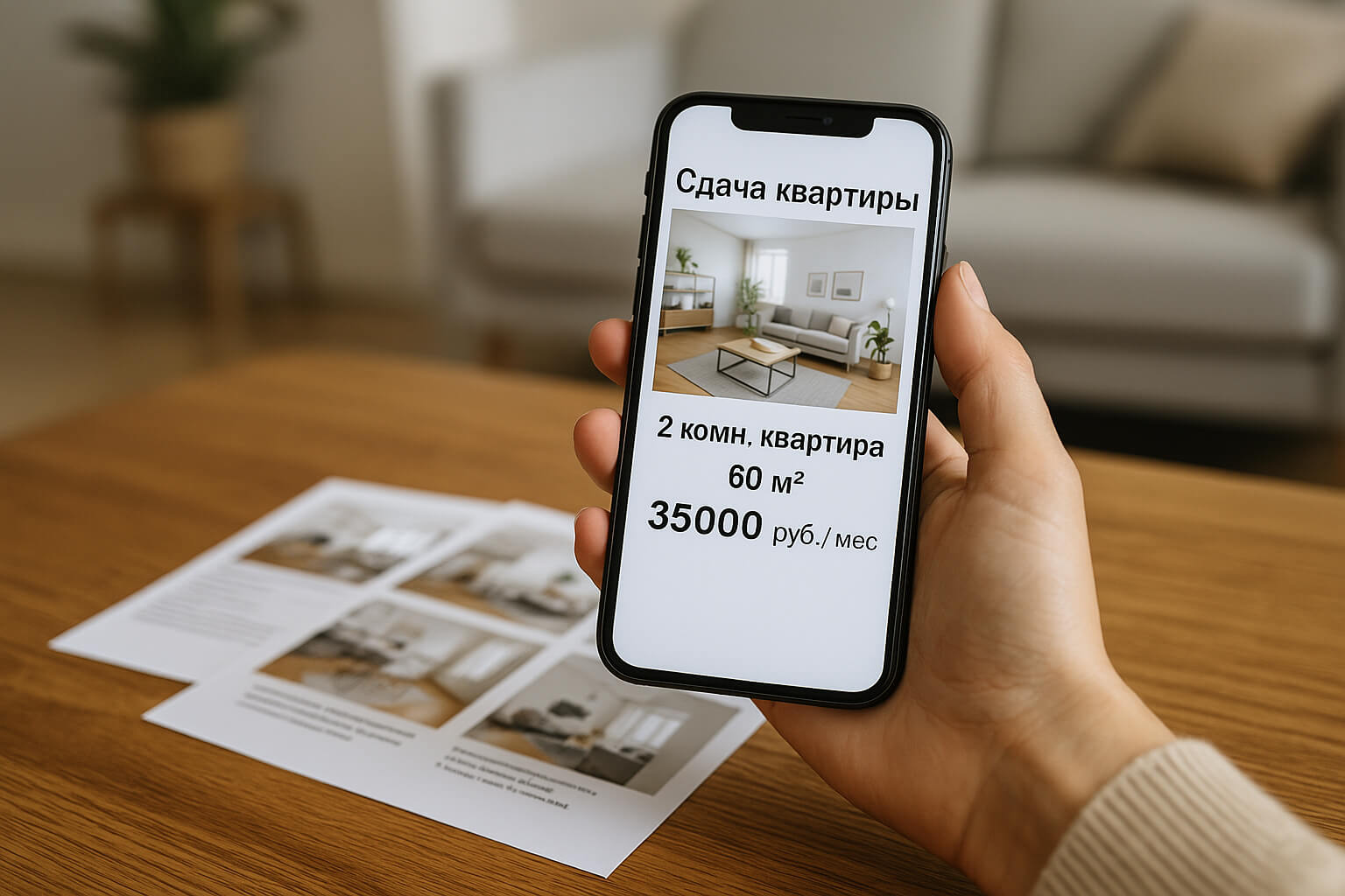Экран смартфона с объявлением о сдаче квартиры и печатные флаеры на столе