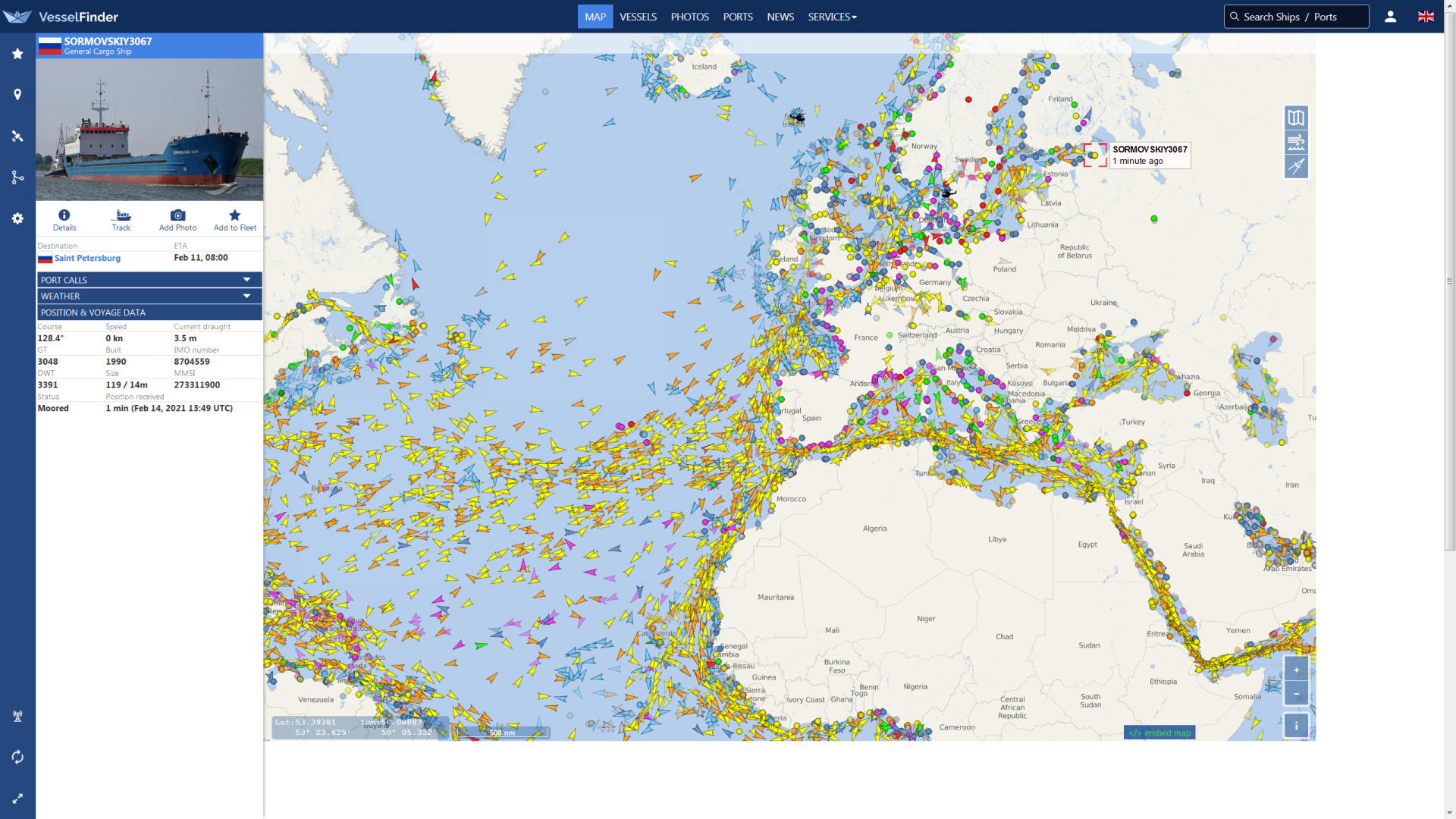Мониторинг судов в реальном времени. Найти судно на карте в реальном времени