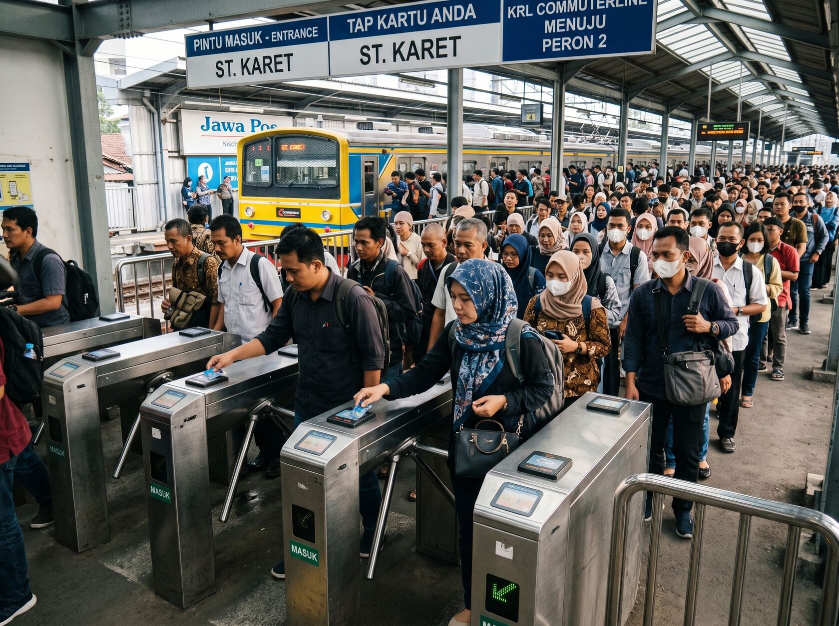 komuter Indonesia naik KRL saat pagi hari