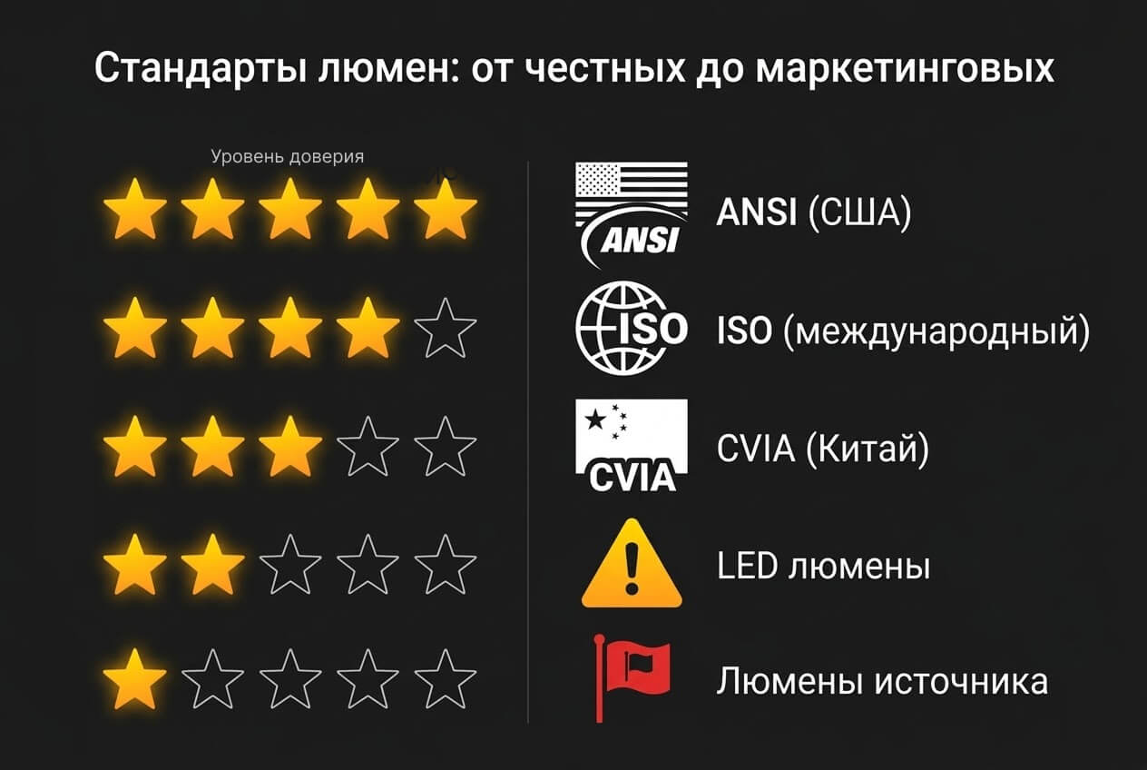 Иерархия «Стандарты люмен: от честных до маркетинговых» показывает вертикальную шкалу доверия от 5 до 1 звезды. Стандарты по степени доверия: ANSI (США, флаг 🇺🇸, ⭐⭐⭐⭐⭐), ISO (международный, глобус, ⭐⭐⭐⭐☆), CVIA (Китай, флаг 🇨🇳, ⭐⭐⭐☆☆), LED люмены (желтый ⚠️, ⭐⭐☆☆☆), Люмены источника (красный 🚩, ⭐☆☆☆☆). Звезды оранжевые.