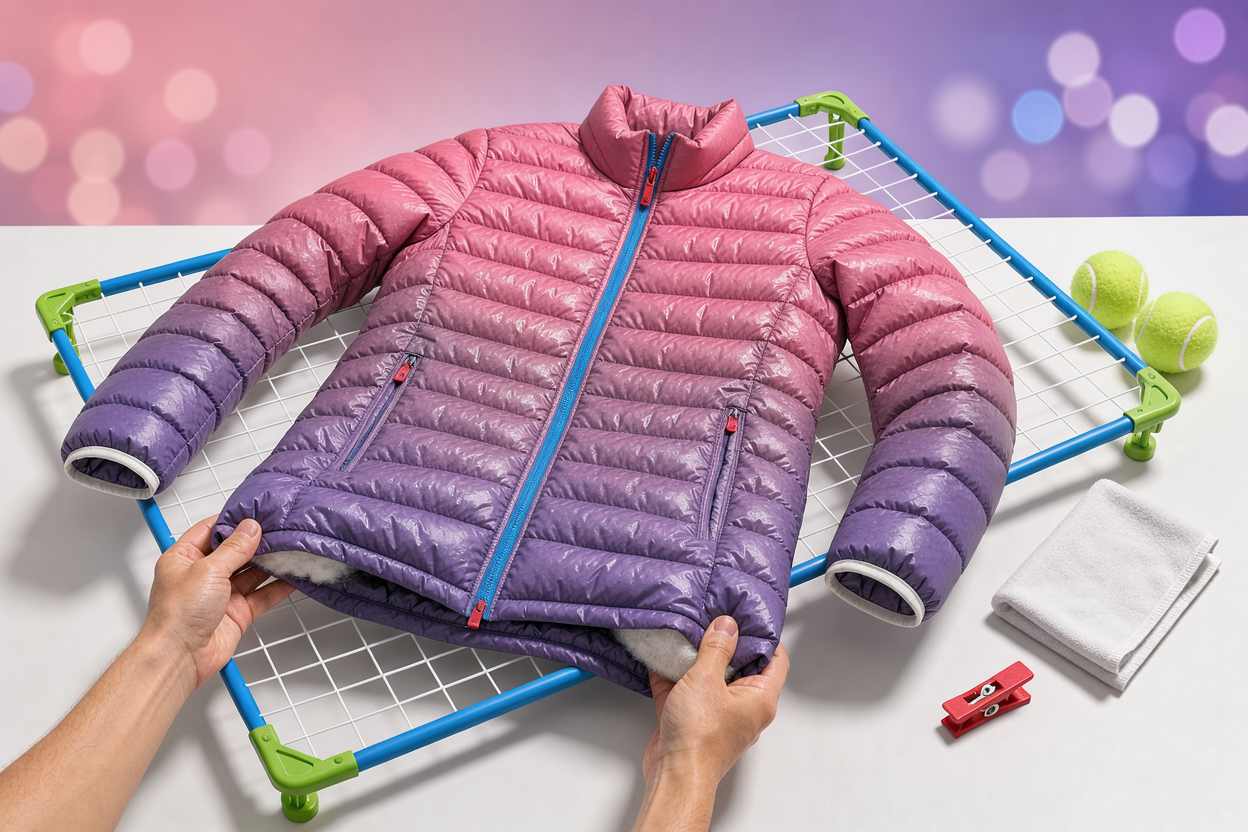 A damp down jacket laid flat on a drying rack being gently fluffed by hands, with tennis balls nearby but not touching the fabric