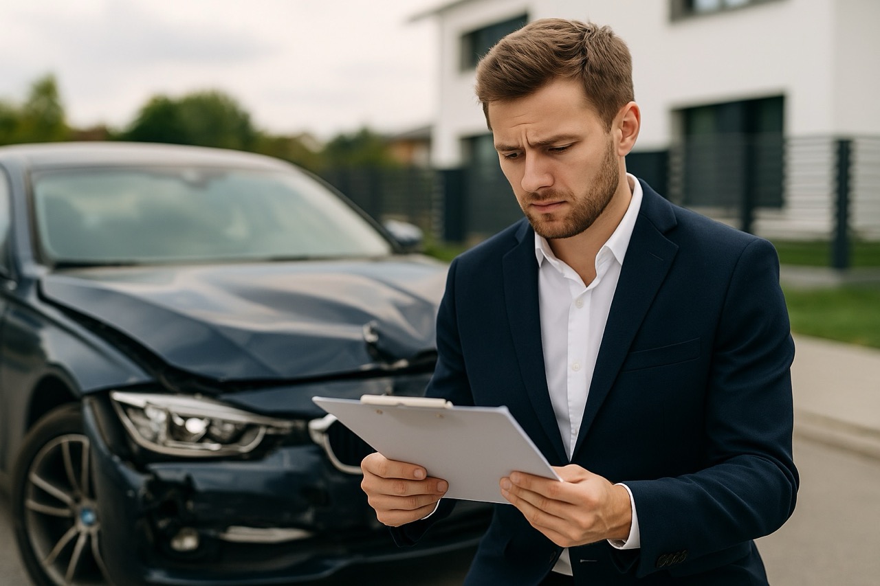 Молодой мужчина в деловом костюме с обеспокоенным выражением лица изучает документы на фоне повреждённого автомобиля после ДТП — сцена отражает ситуацию с отказом страховой компании в выплате.