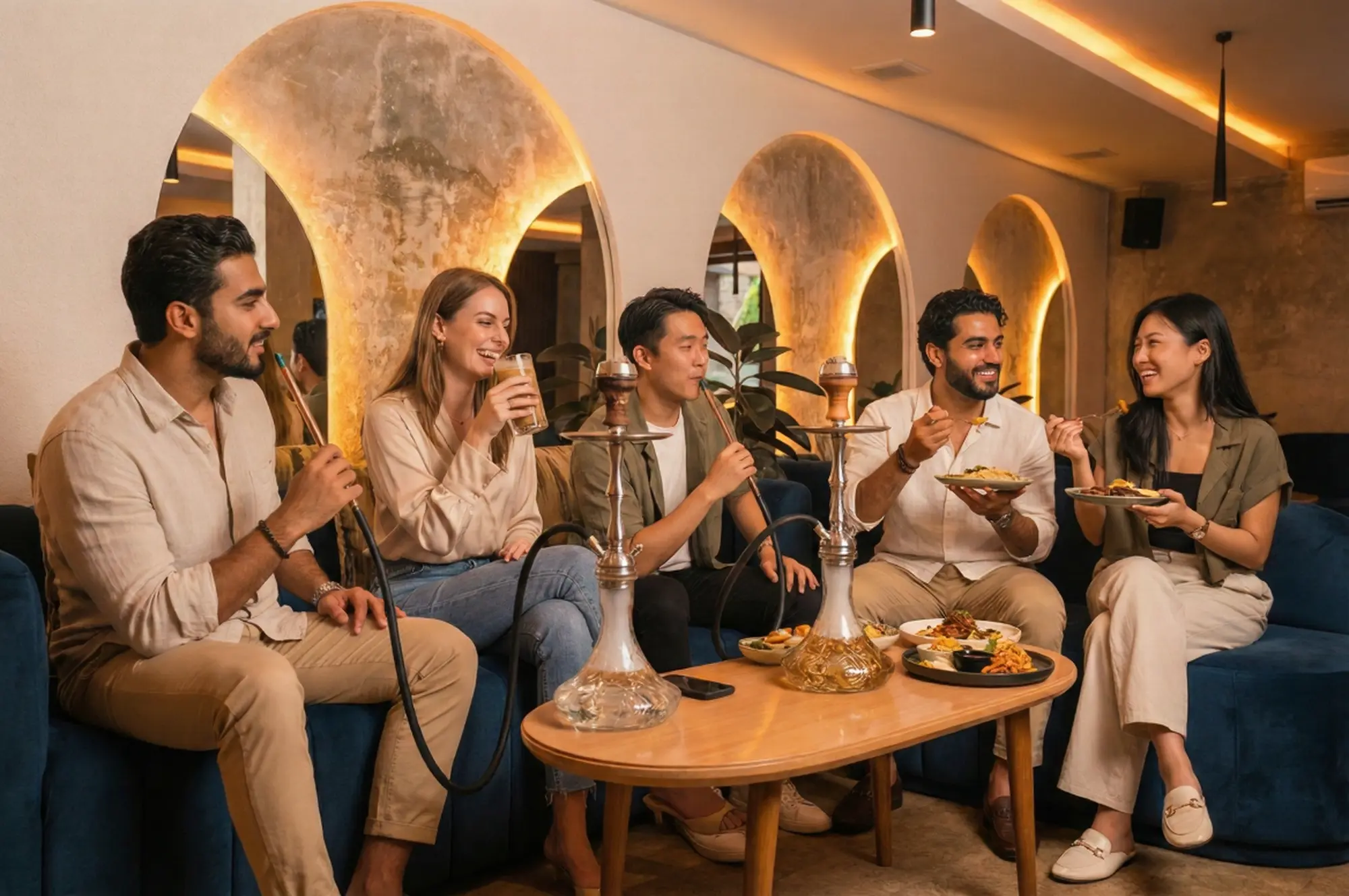 A diverse group of four friends sitting on a dark blue velvet sofa, smiling and eating together while enjoying shisha. The table holds two glass hookahs and plates of food, perfect for an evening breaking the fast at Eden Hookah Club.
