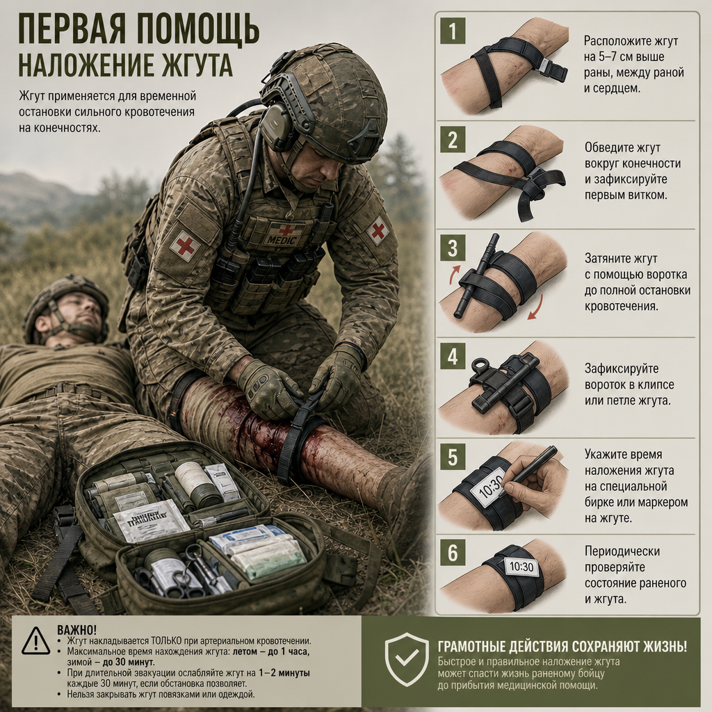 Военный медбрат оказывает первую помощь раненому бойцу в полевых условиях — накладывает жгут на конечность, рядом медицинская укладка с перевязочными материалами