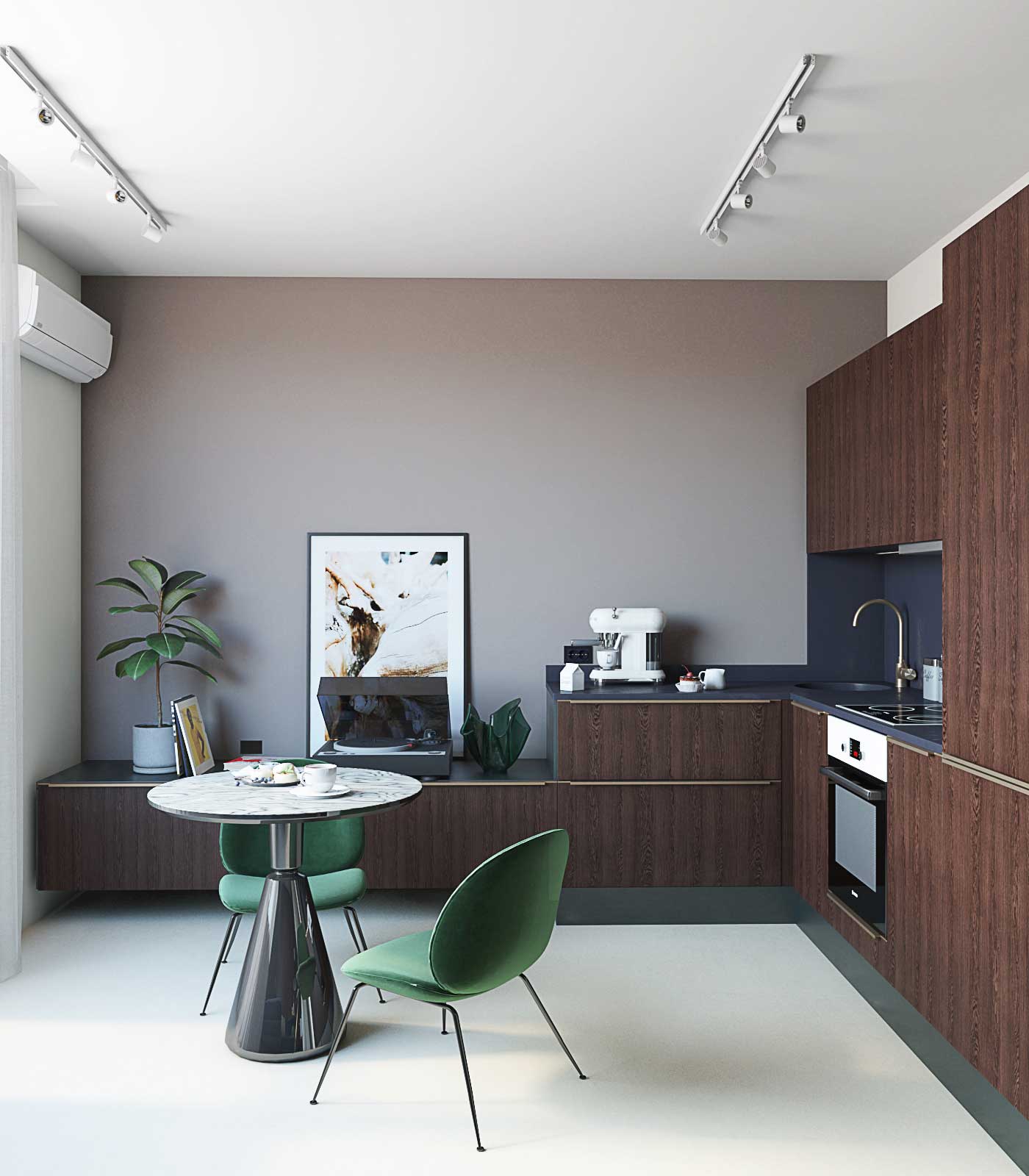 Угловая кухня в дереве. Стена на кухне цвета какао. Круглый стол с мраморной столешницей. 