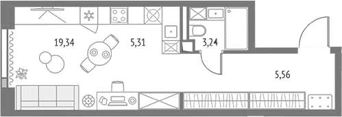 Студия 33,5 м²