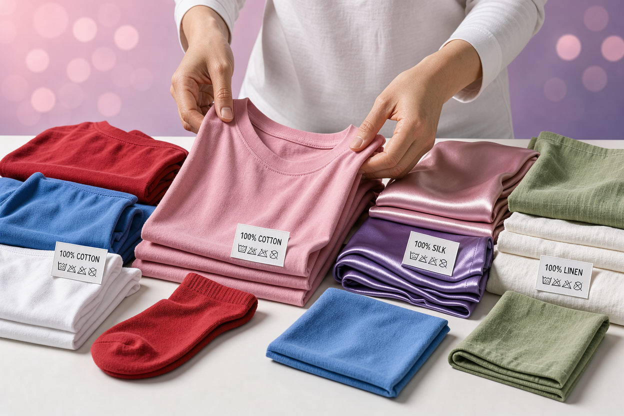 Close-up of hands sorting laundry into piles by color and fabric, showing labels and different textures (cotton, silk, linen) without any brand logos