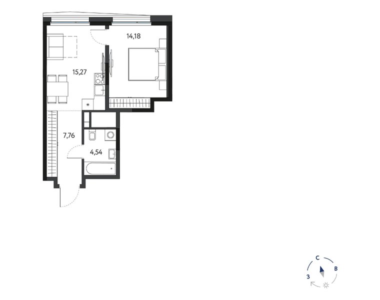Планировка 1-комнатной квартиры 41,75 м² в ЖК «Кинетик»: 13-й этаж