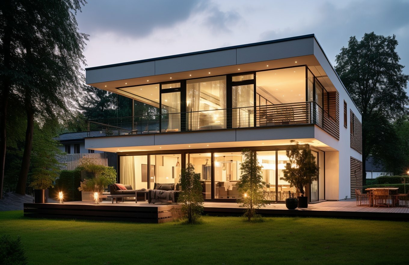 двухэтажный дом с балконом и террасой