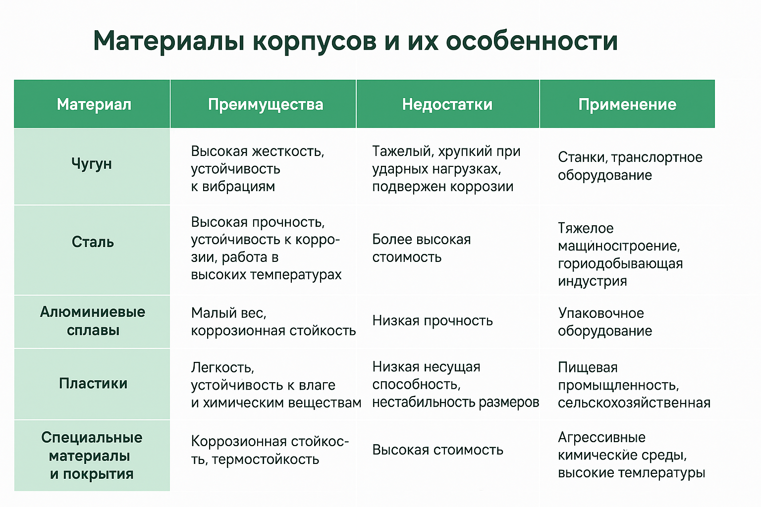 Таблица материалов корпусов подшипников 