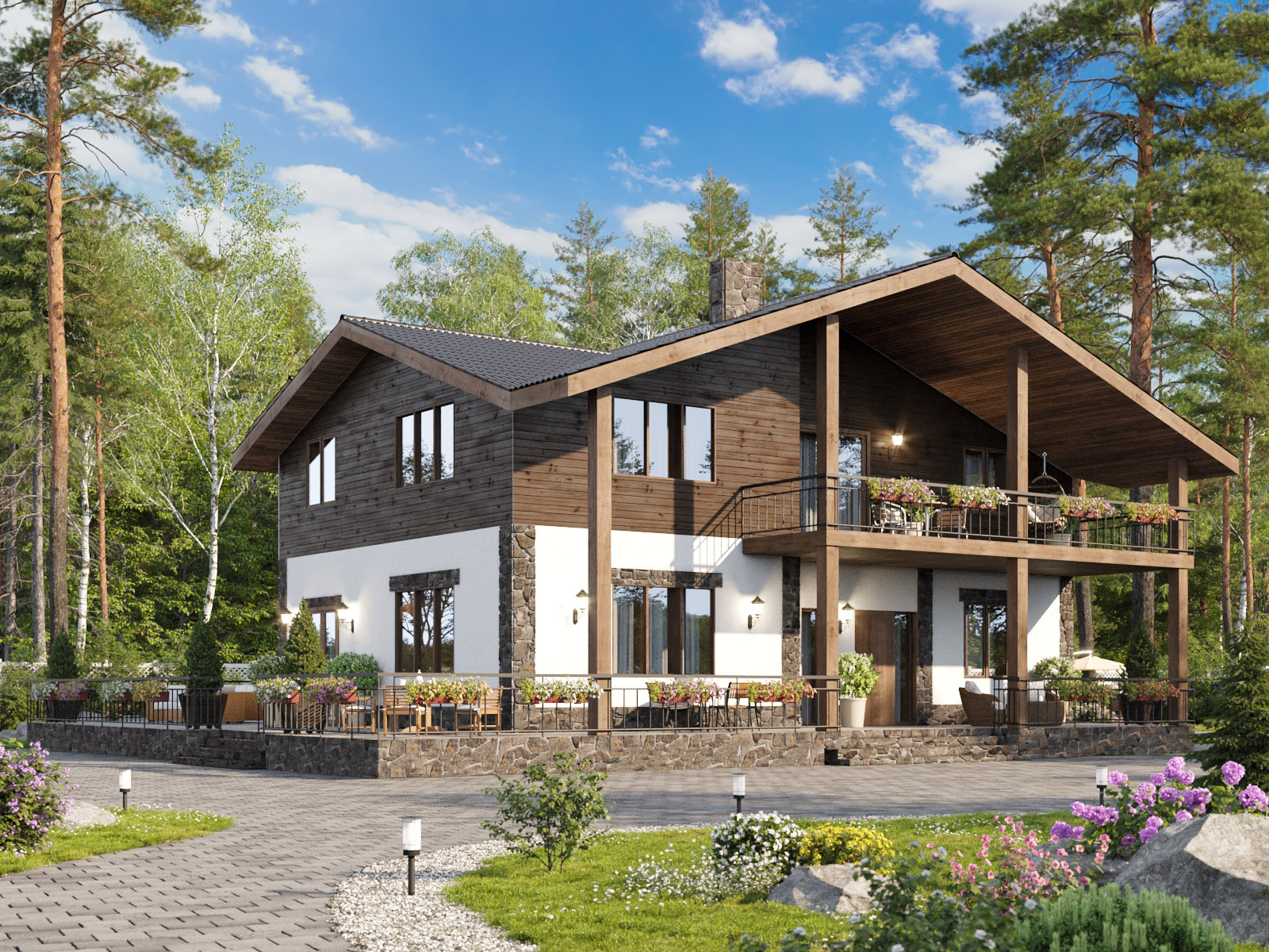 Проект дома шале с террасой. Дом с 5 спальнями. Двухэтажный дом с террасой