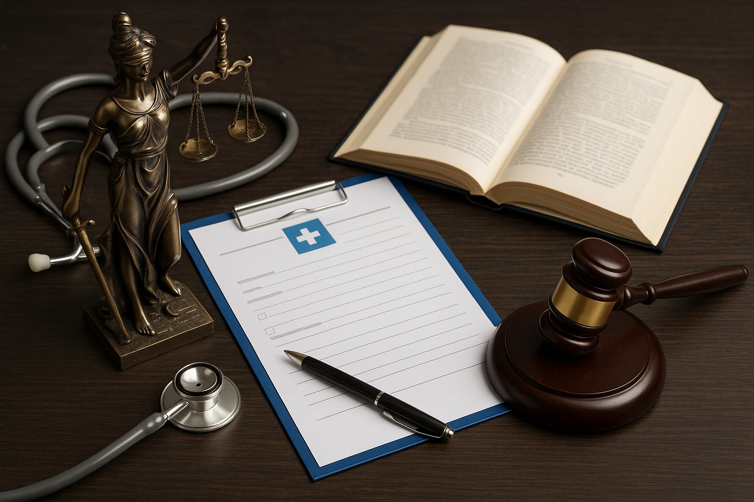 Юридические и медицинские атрибуты на деревянном столе: фигурка Фемиды, стетоскоп, медицинская анкета, печатная книга и судейский молоток — символы борьбы за компенсацию при врачебной ошибке.