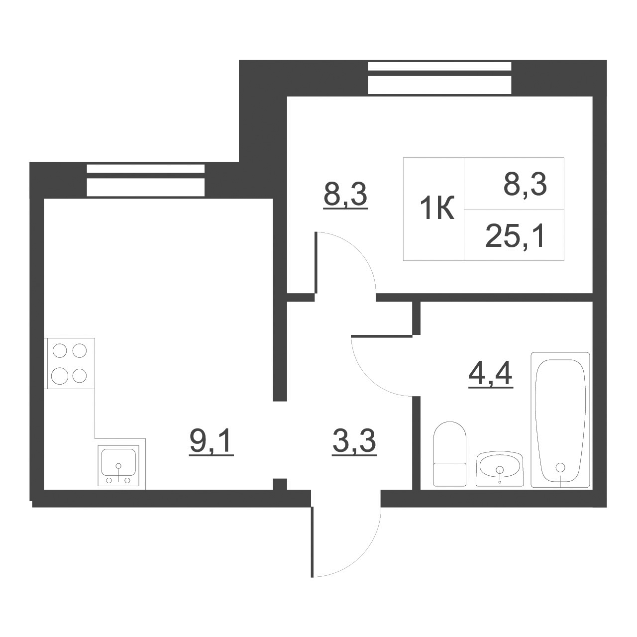 Планировка 1-к.кв 26 м², Дом на набережной. Атлантика, кв. 124
