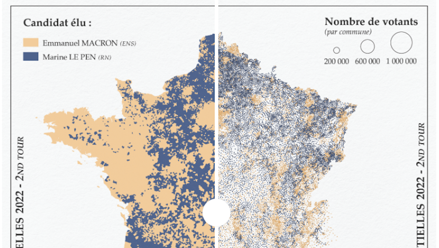 Carte interactive des résultats du second tour de la présidentielle 2022 en France, Macron vs Le Pen, par commune et nombre de votants.