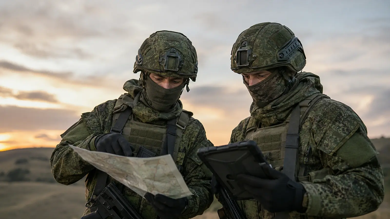 Военнослужащие обсуждают техническую задачу и карту