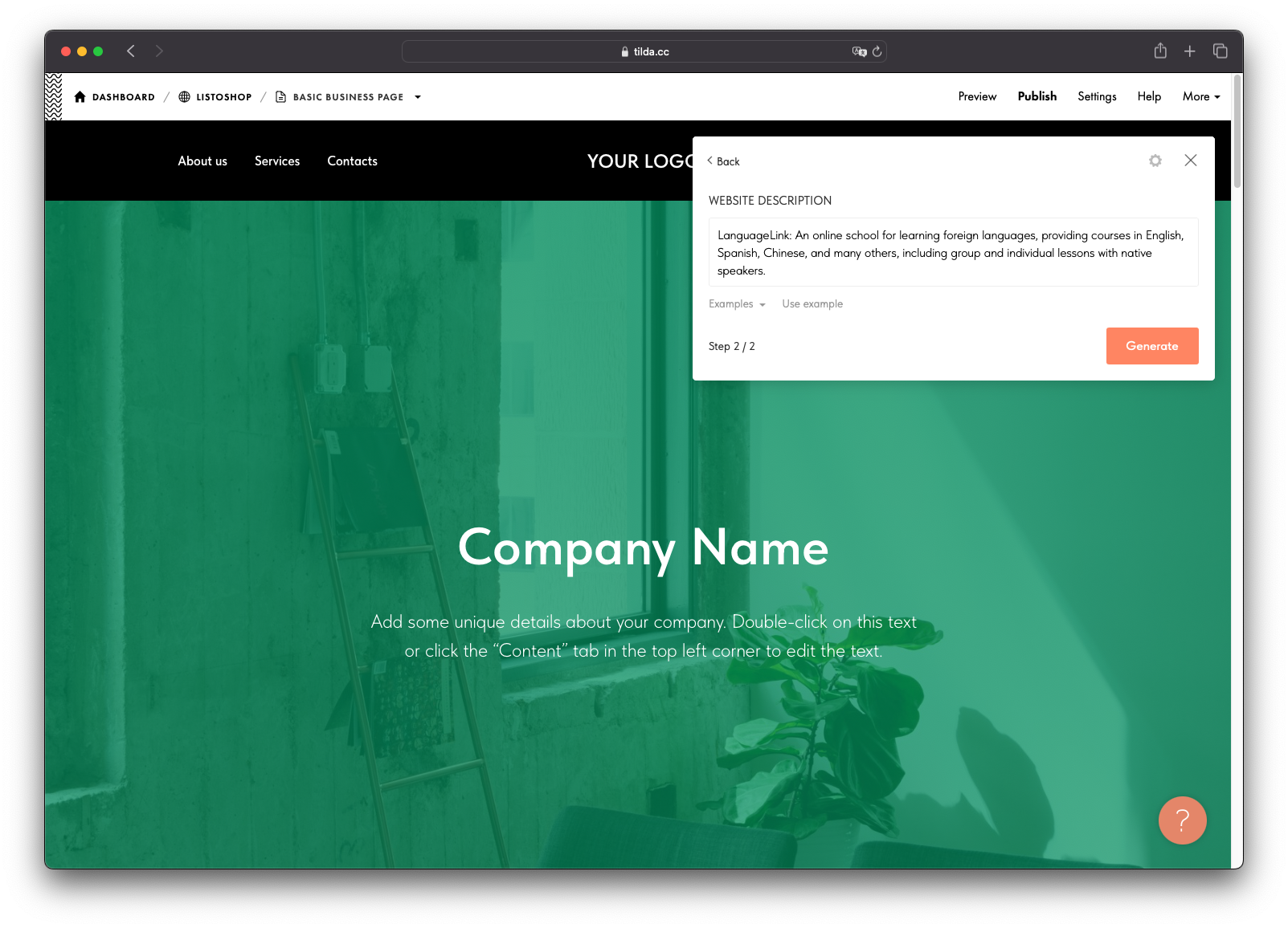 Generate website copy by using ai artificial intelligence on tilda