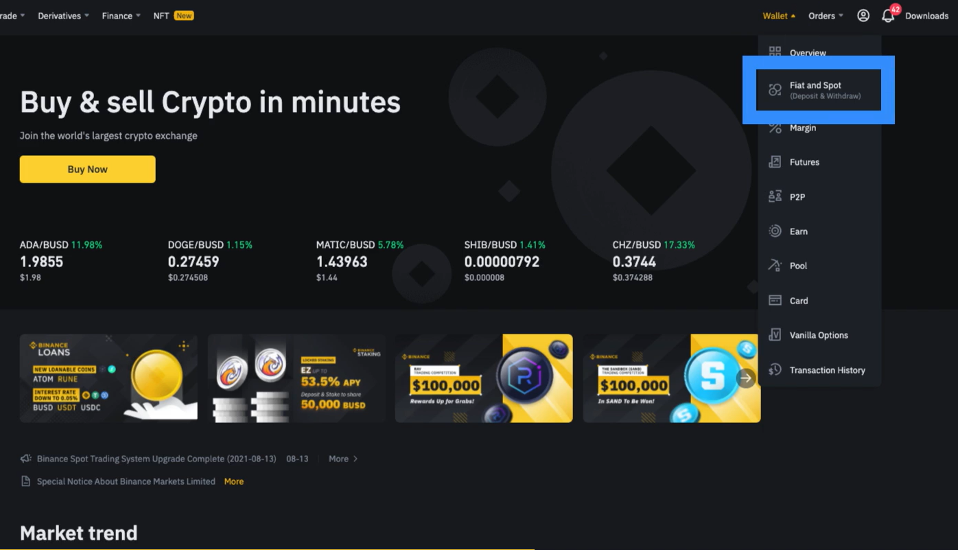 Binance web interface: the first step to buy BNB with Fiat