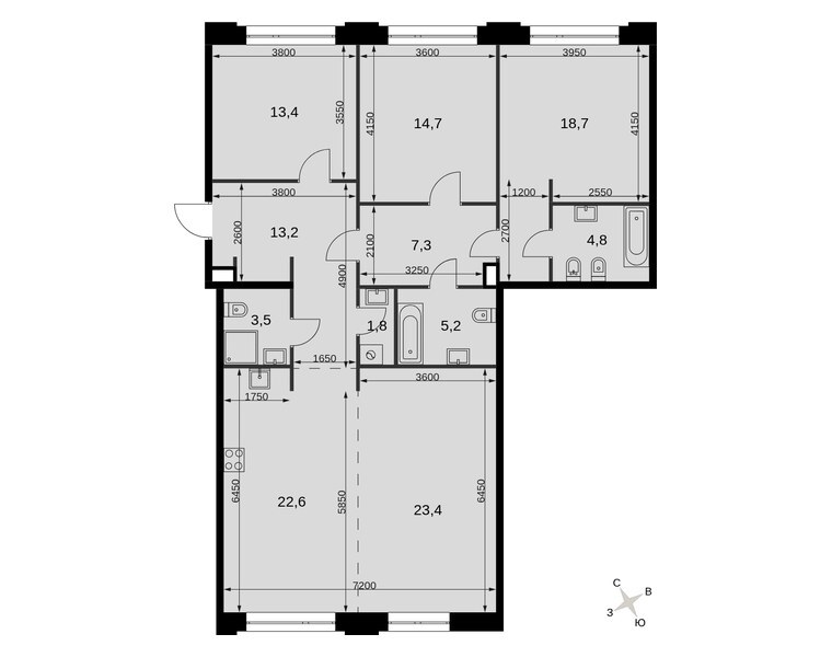 Планировка: 3-комнатная квартира 128,6 м² в ЖК «Сидней Прайм», корпус 3.2, 2-й этаж