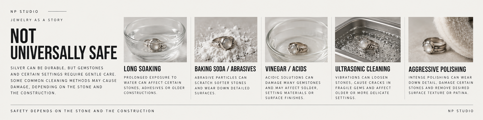 Cleaning methods that are not universally safe for gemstone silver jewelry: long soaking, baking soda, acids, ultrasonic cleaning and aggressive polishing