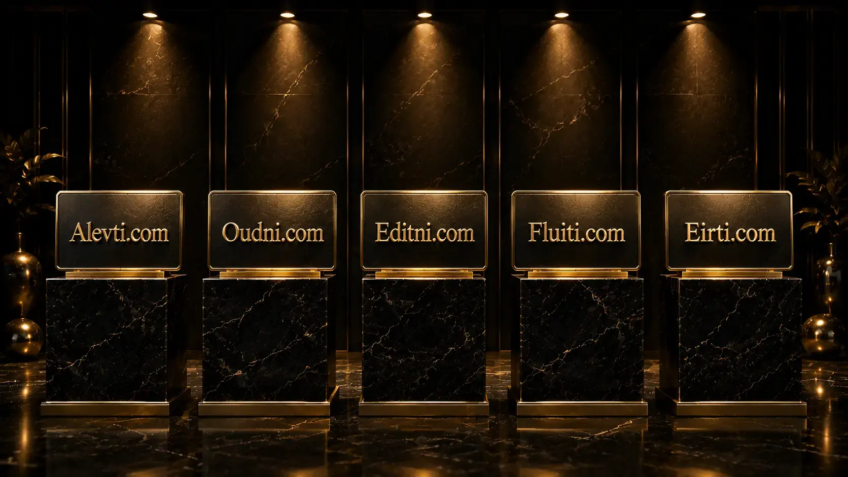 Luxury dark showcase displaying premium brandable startup domain names like Alevti, Oudni, Editni, Fluiti, and Eirti on black marble pedestals