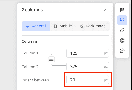 Set the indent between columns