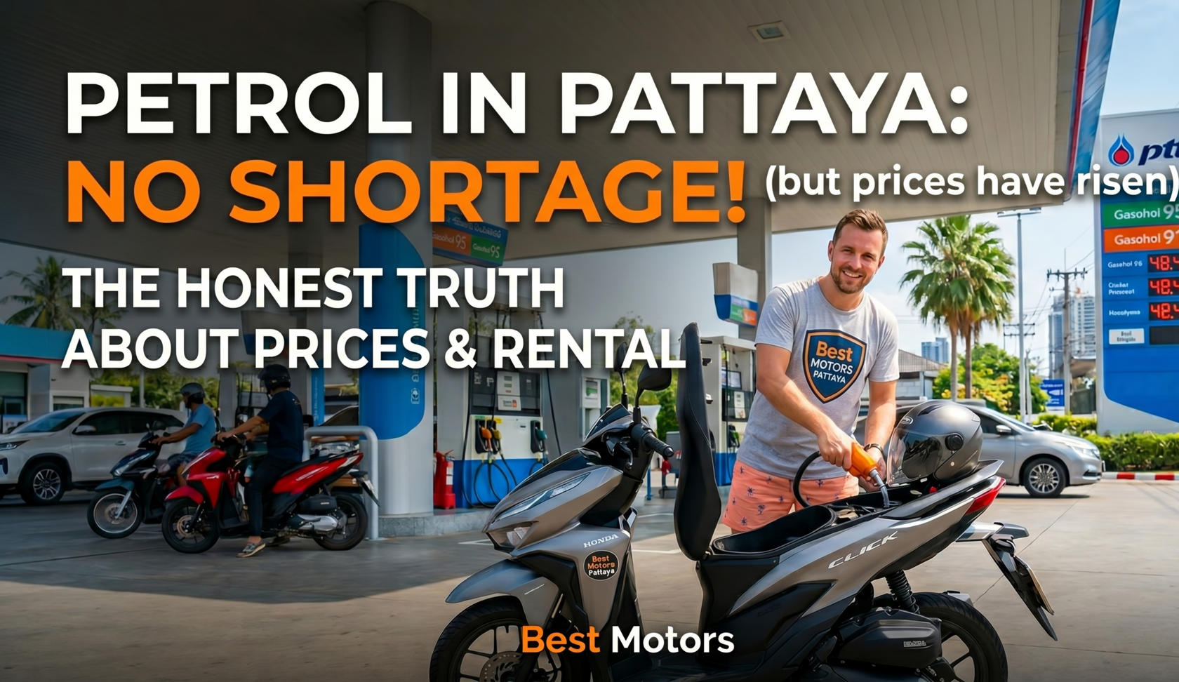 Tourist refueling a Honda Click scooter at a PTT gas station in Pattaya, Thailand - Best Motors Rental.