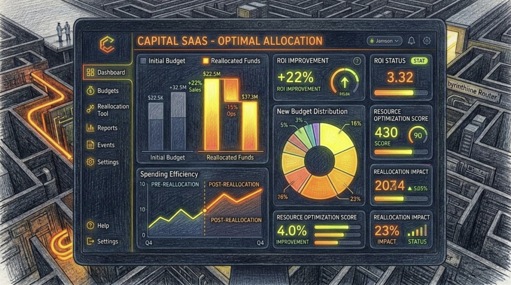 A modern, sleek dashboard interface displaying AI budget allocation metrics.