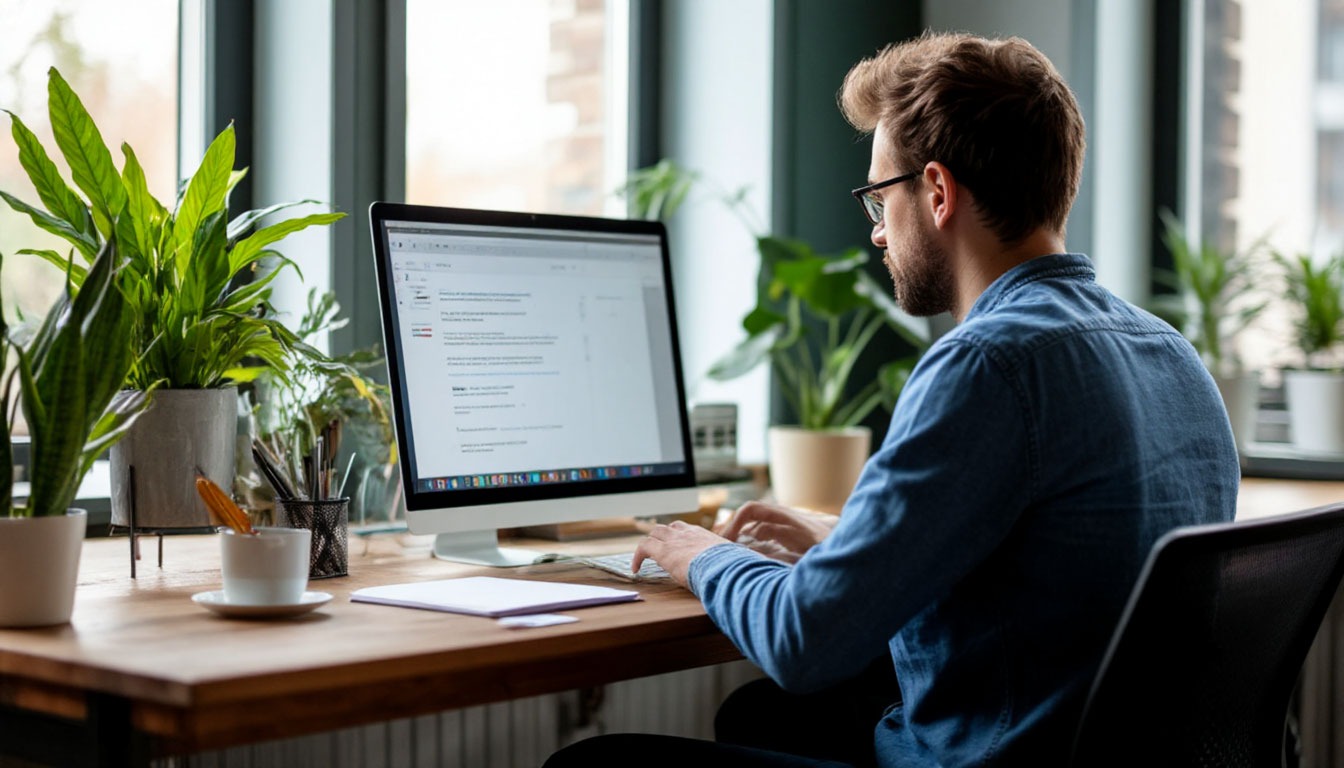 Человек в офисе смотрит на монитор с документом