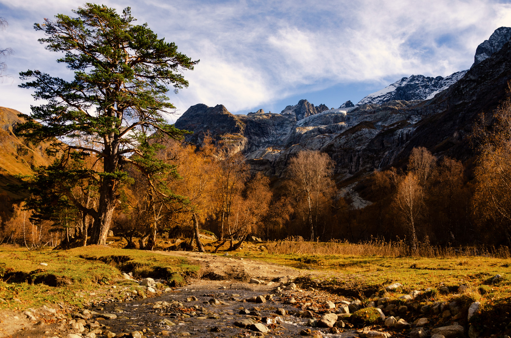 Подножия горы София в период золотой осени, заснеженные горы и желтые деревья. Карачаево-Черкесская республика в районе поселка Архыз. Фотограф Севальнев Ян.