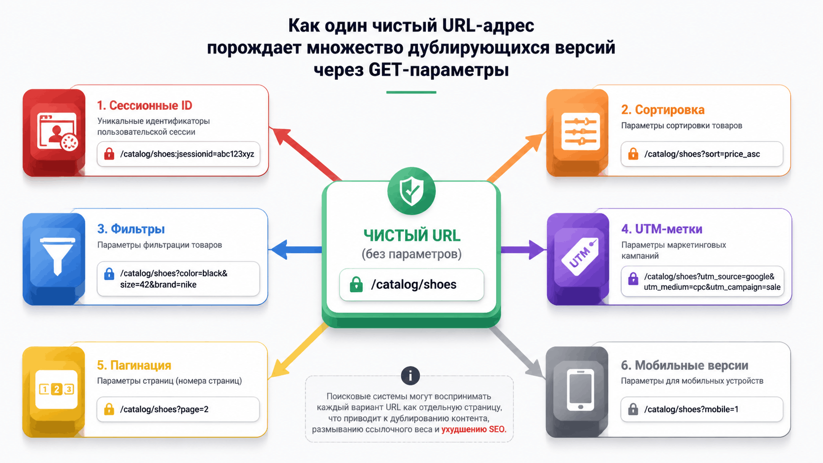Схема, показывающая, как разные типы GET-параметров преобразуют один URL в множество дублирующихся версий