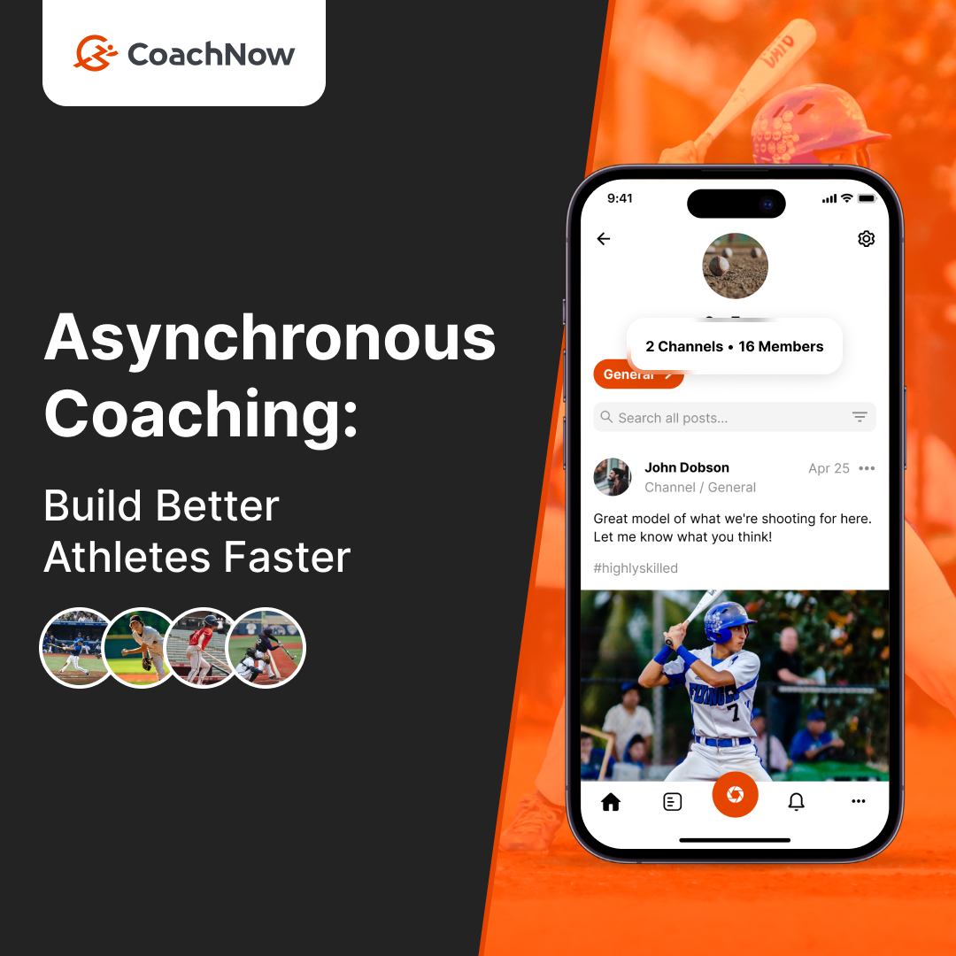 iPhone 15 pro with baseball player and coachnow logo with text that reads &quot;asynchronous coaching: build better athletes faster&quot;