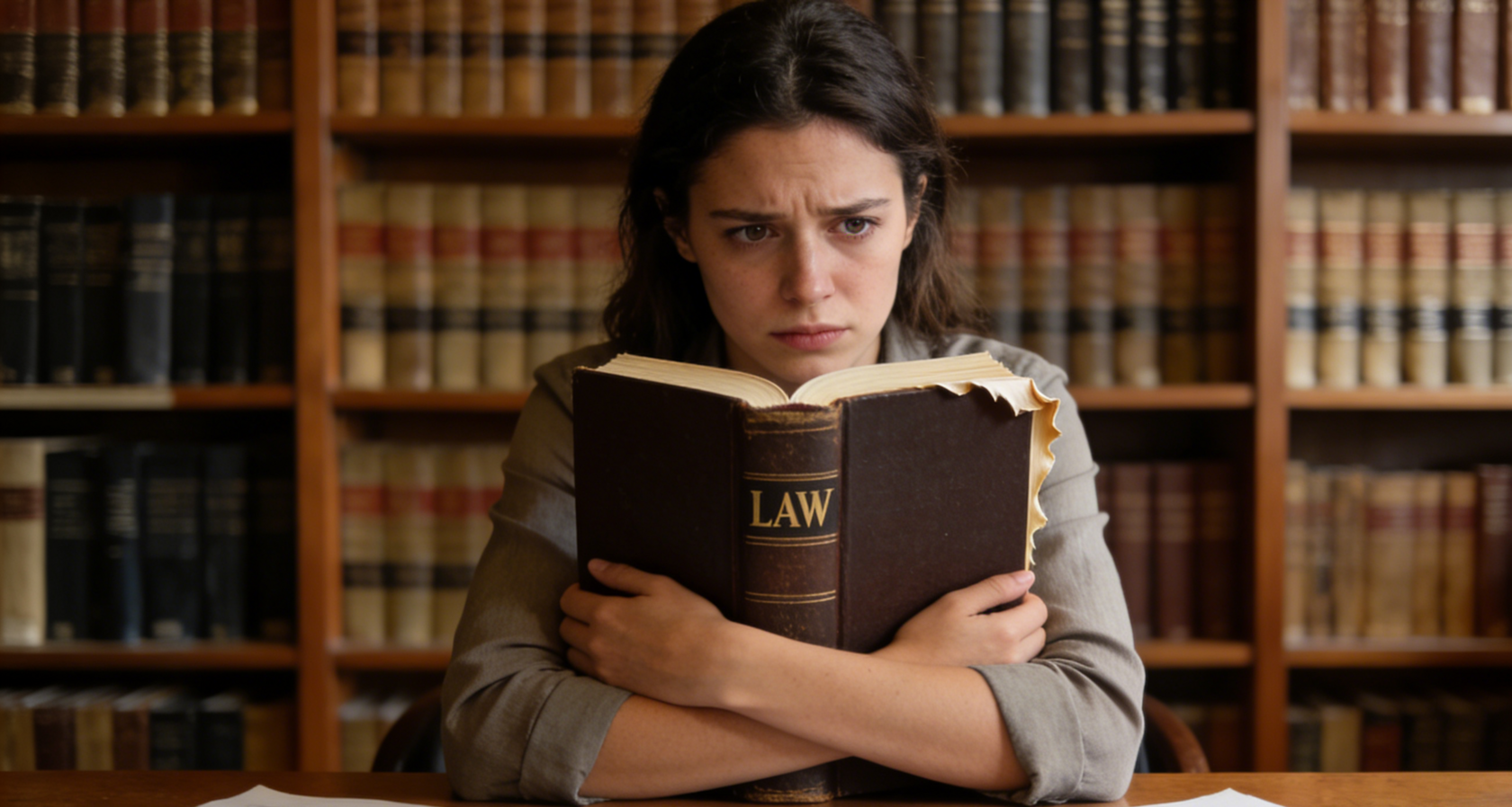 A woman holding law books is suffering greatly because the legal documents are far too complicated.