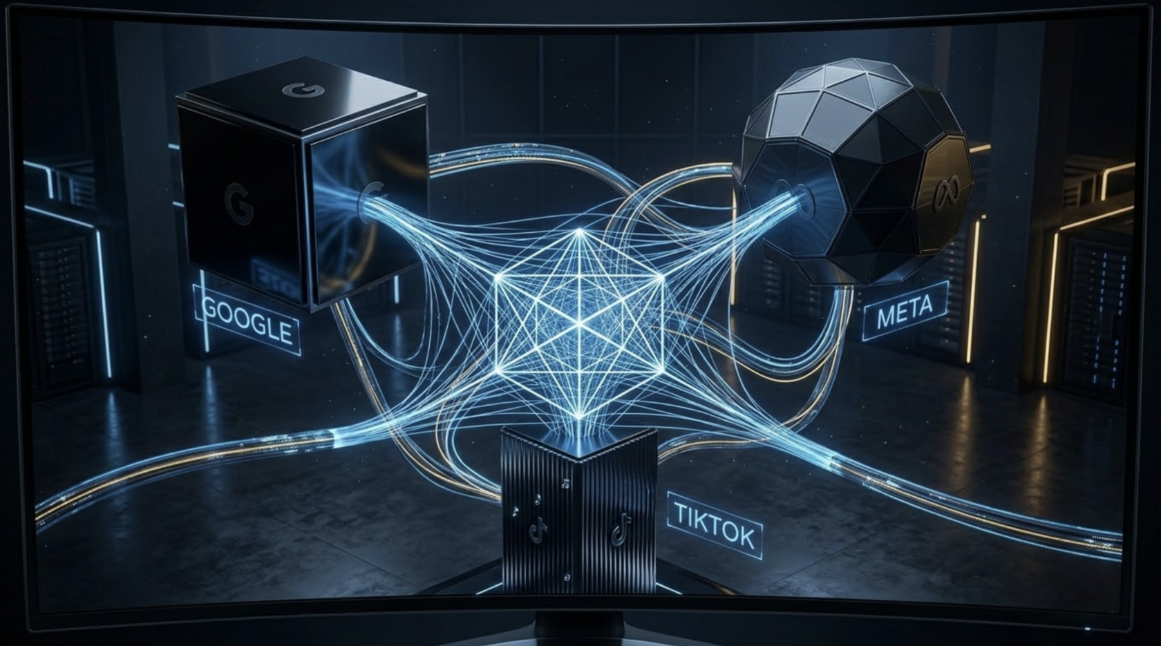 A sleek, high-tech abstract visualization of interconnected digital nodes transferring data across different social media platform logos.