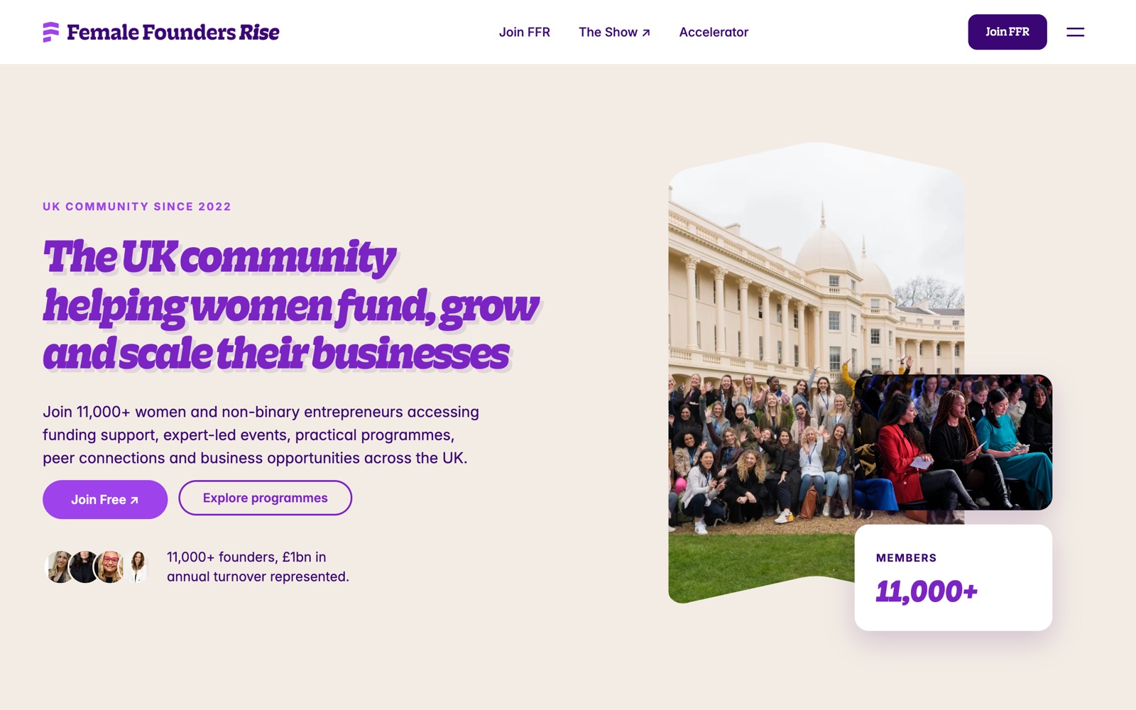 Female Founders Rise homepage screenshot: UK community for women entrepreneurs