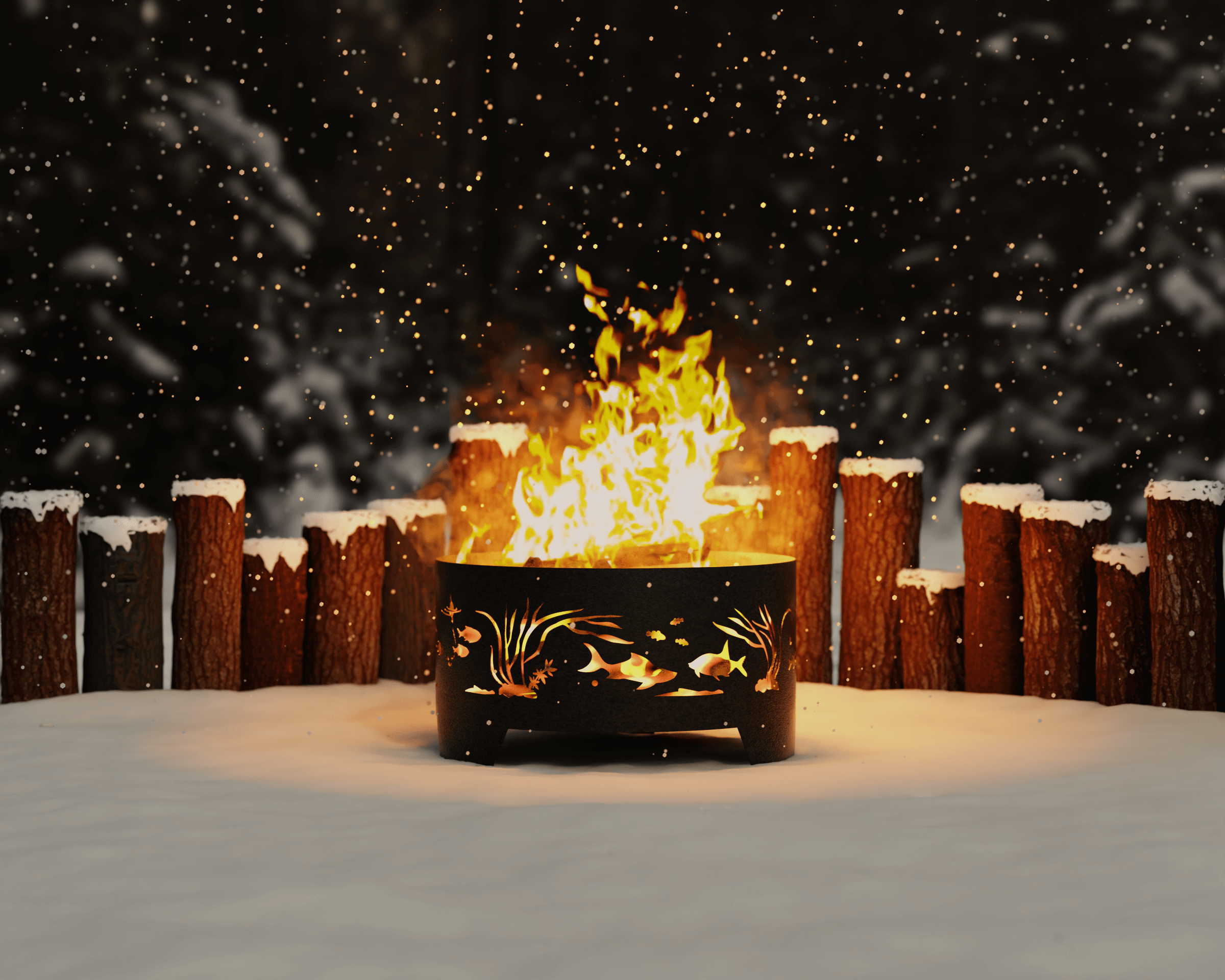 Костровая чаша Рыбы 65 см ночью