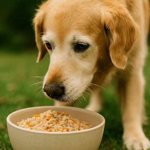 Пожилая собака светлого окраса смотрит на миску с мягкой натуральной пищей на зелёной траве.