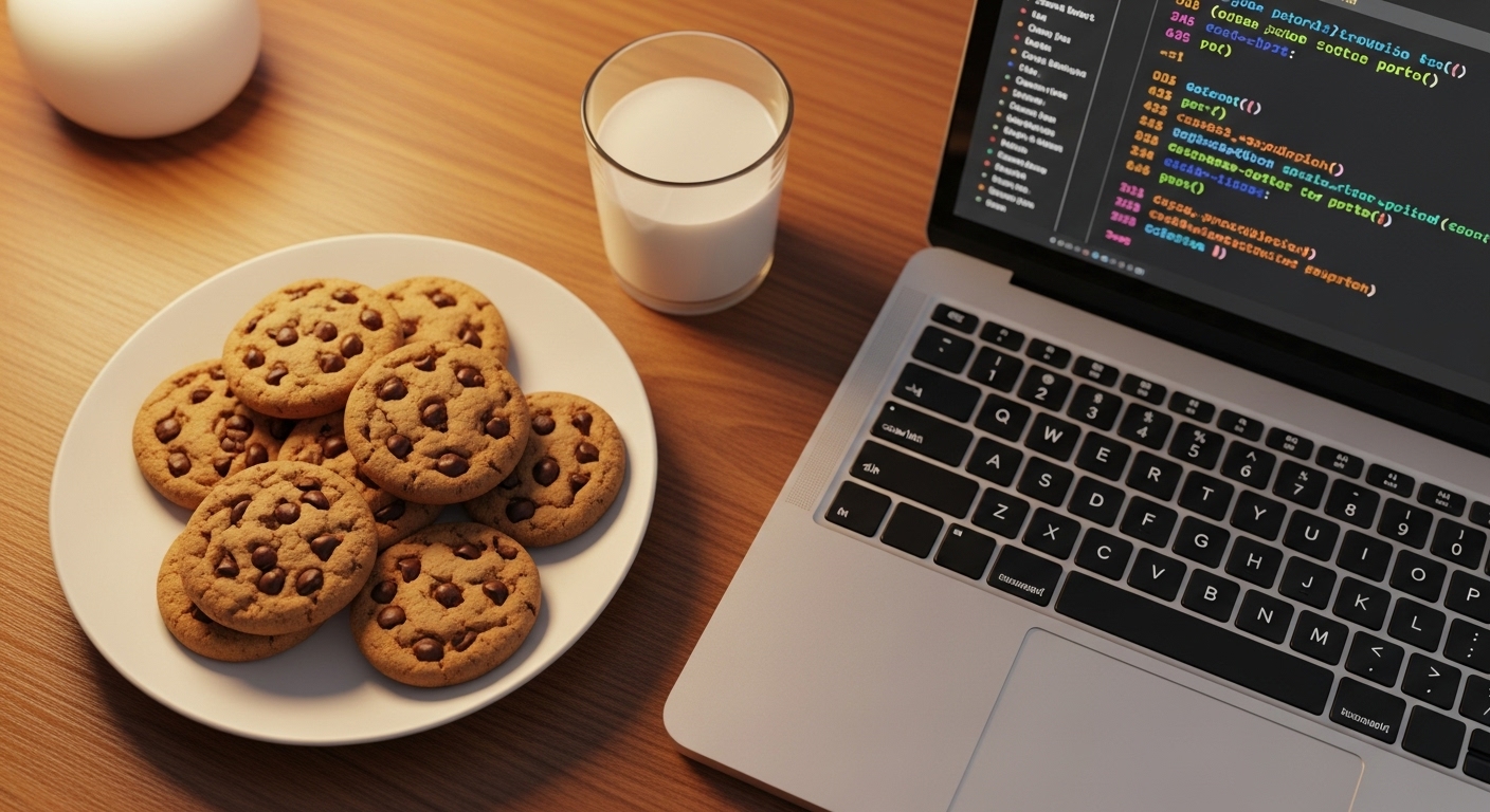 Аналогия, объясняющая, что такое код простыми словами: домашнее печенье лежит рядом с ноутбуком, где написан программный код-рецепт.