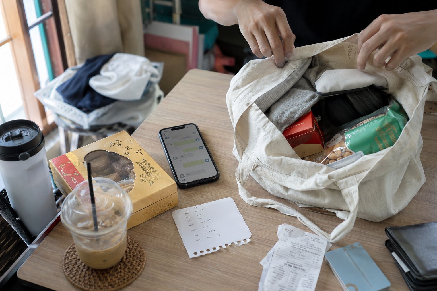 Barang pribadi dan pesanan titipan dipisahkan di meja kamar kos Indonesia